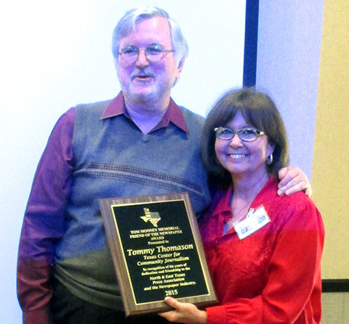 Tommy Thomason (left) of TCJC and TCU being awarded the 2015 Tom Monney award by Suzanne Bardwell in Denton on Saturday.