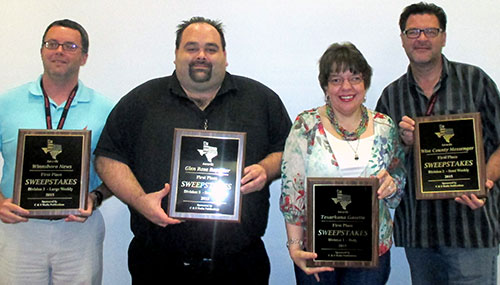 2015 Better Newspaper Contest Sweepstakes winners: Winnsboro News (Division 3), Glen Rose Reporter (Division 5), Texarkana Gazette (Division 1), and Wise County Messenger (Division 2).
